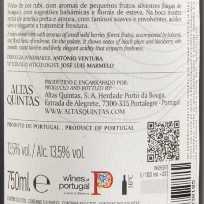 Rótulo traseiro de vinho tinto 600 DOC Alentejo Portalegre 2024 com informações detalhadas e QR code.
