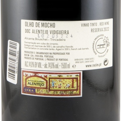 Rótulo de vinho tinto Olho de Mocho DOC Alentejo Vidigueira Reserva 2022