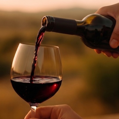 Vinho tinto a ser servido de garrafa para copo em paisagem desfocada