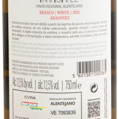 Etiqueta de vinho regional Alentejano branco Aragonez 2025 da marca Invisível com informações sobre álcool, volume e produção.