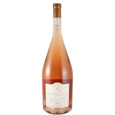 Garrafa de vinho rosé com rótulo branco e tampa dourada