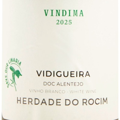 Rótulo branco com texto verde e preto de vinho branco Herdade do Rocim 2025