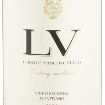 Rótulo de garrafa de vinho branco com texto LV LOBO DE VASCONCELLOS 2024