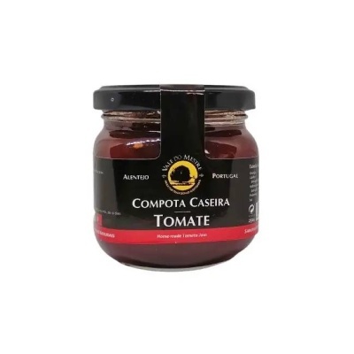 Frasco de compota caseira de tomate com etiqueta preta e vermelha
