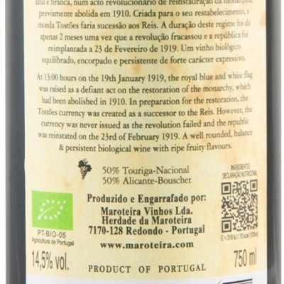 Etiqueta de vinho tinto BIO TOSTÕES 2024 do Alentejo, Portugal