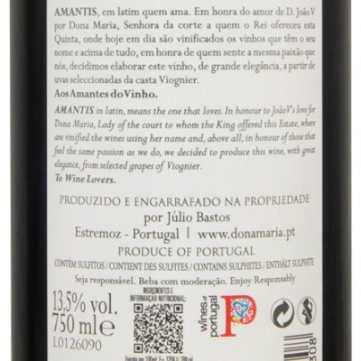Rótulo detalhado de vinho branco Dona Maria Amantis com informações de produção, volume e origem.