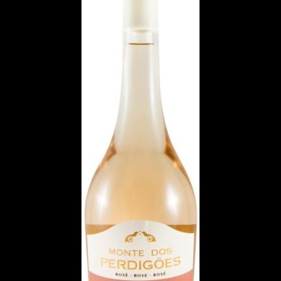 Garrafa de vinho rosé Monte dos Perdigões com rótulo branco e rosa