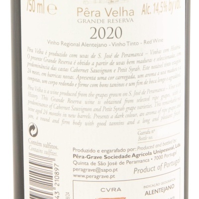 Etiqueta de garrafa de vinho tinto Pêra Velha Grande Reserva 2020