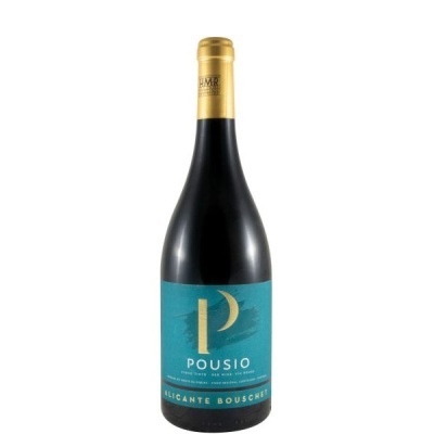 Garrafa de vinho tinto com rótulo azul turquesa e dourado POUSIO e ALICANTE BOUSCHET.
