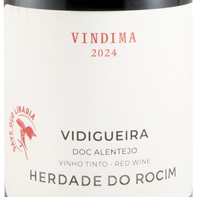 Rótulo de garrafa de vinho tinto com informações da vindima 2024 e região DOC Alentejo