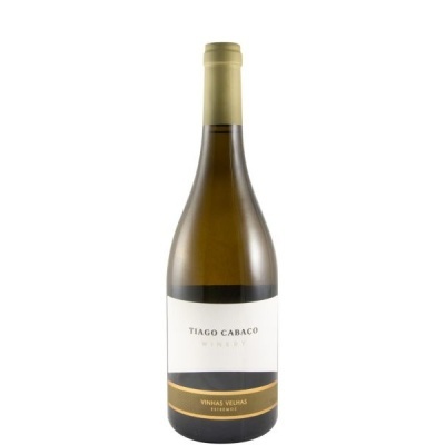 Garrafa de vinho branco Tiago Cabaço Winery com rótulo branco e faixa dourada