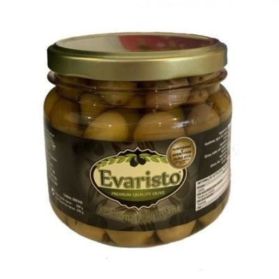 Frasco de azeitonas Evaristo com rótulo preto e tampa dourada