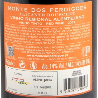 Etiqueta de vinho Monte dos Perdigões Alicante Bouschet Vinho Regional Alentejano 2024