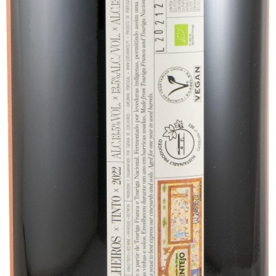 Rótulo de vinho tinto 3L Portugal com informações de álcool, vegan e sulfitos