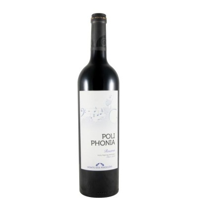 Garrafa de vinho Poliphonia Reserva 2017 com rótulo branco e detalhes musicais