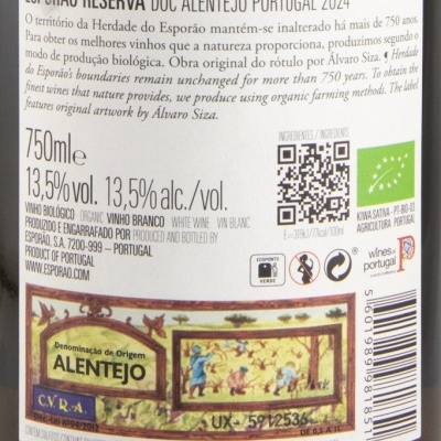 Etiqueta de vinho branco Esporão Reserva DOC Alentejo Portugal 2024 com texto e ilustração artística