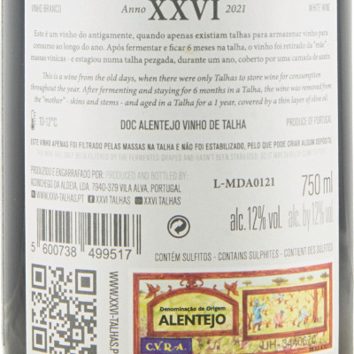 Etiqueta traseira de vinho branco DOC Alentejo Vinho de Talha com texto, QR code e selo