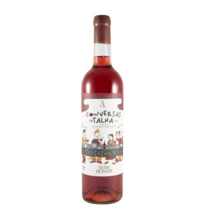 Garrafa de vinho rosé com rótulo ilustrado e texto em português