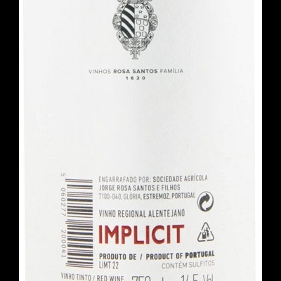 Rótulo de vinho tinto Implicit de Portugal, Alentejo, 750ml, 14,5% vol