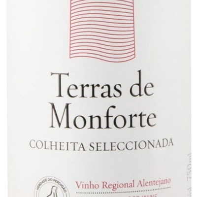Rótulo de vinho Terras de Monforte, vinho tinto 2020, região Alentejana