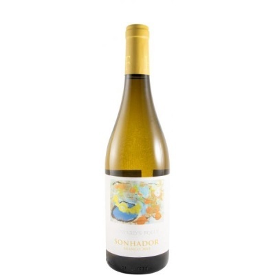 Garrafa de vinho branco com rótulo artístico e rolha amarela