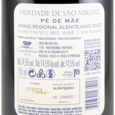 Rótulo de vinho tinto Herdade de São Miguel Pé de Mãe 2023 Alentejano