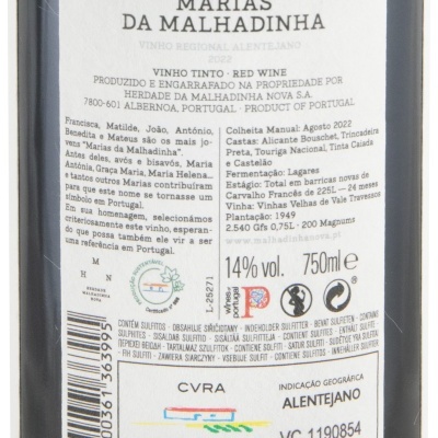 Etiqueta traseira de garrafa de vinho tinto Marias da Malhadinha com texto detalhado