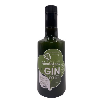 Garrafa de gin Mercado Alentejano com rótulo verde em forma de folha