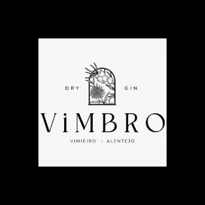 Logo preto e branco de gin seco com plantas e texto DRY GIN VIMBRO VIMIEIRO ALENTEJO
