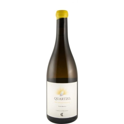 Garrafa de vinho branco Quartzo com tampa amarela e rótulo branco