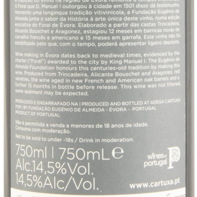 Etiqueta traseira de vinho tinto Foral de Évora 2019, Alentejo, com informações de origem, volume 750ml e álcool 14,5%