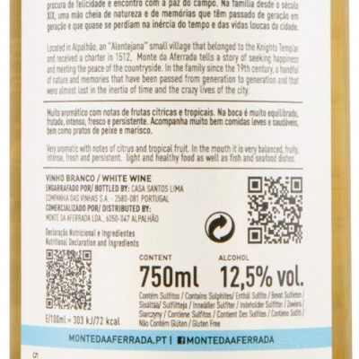 Rótulo traseiro de garrafa de vinho branco Monte da Aferrada com texto detalhado.