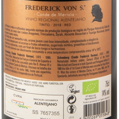 Etiqueta de vinho tinto Frederick Von S. 2018 Alentejano biológico