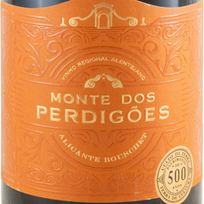 Rótulo de vinho Monte dos Perdigões laranja com detalhes dourados