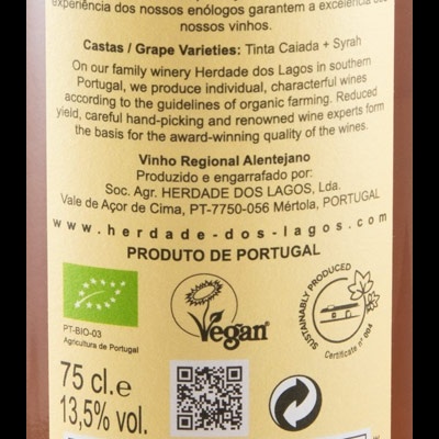 Rótulo traseiro de vinho rosé 2023 com informações e certificados