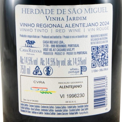 Etiqueta traseira de garrafa de vinho tinto com texto e símbolos.