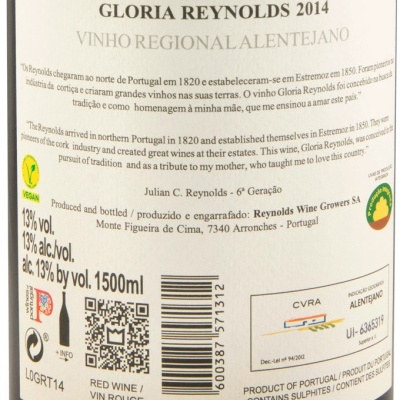 Rótulo de vinho tinto GLORIA REYNOLDS 2014 com vários textos em português e inglês, informações de volume e álcool, código QR e código de barras.