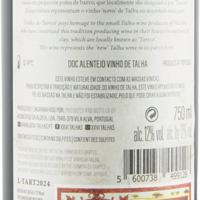 Rótulo de vinho tinto DO TARECO Anno 2024 com informações detalhadas e selo Denominação de Origem Alentejo
