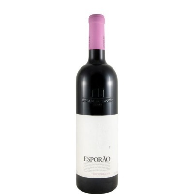Garrafa de vinho tinto Esporão Trincadeira 2014 com rótulo branco e rolha rosa