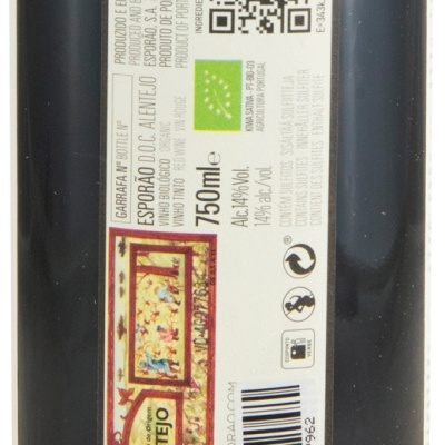 Etiqueta de vinho tinto orgânico Alentejo com certificação biológica e informações detalhadas