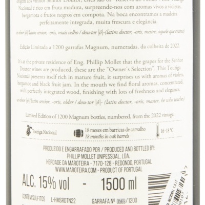 Etiqueta traseira vinho Senhor Doutor 2022 Touriga Nacional Alentejano