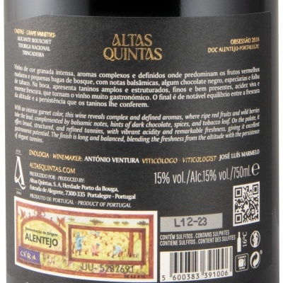 Rótulo de vinho tinto Altas Quintas Obsessão 2018 com texto, selo e código de barras.