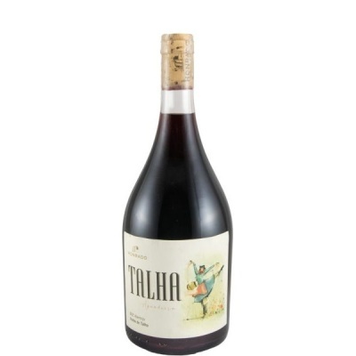 Garrafa de vinho tinto com rótulo branco e ilustração