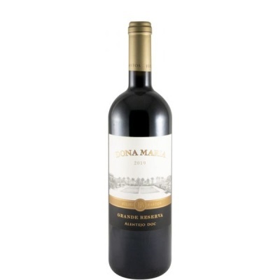 Garrafa de vinho tinto Dona Maria 2019 com rótulo branco, preto e dourado