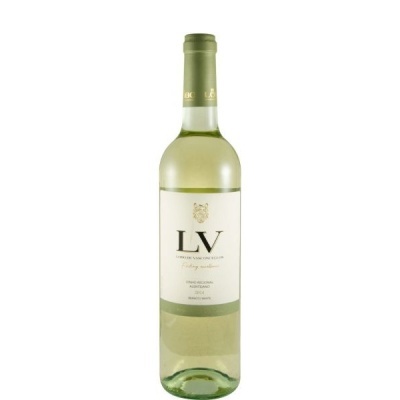 Garrafa de vinho branco LV com rótulo branco e cápsula verde