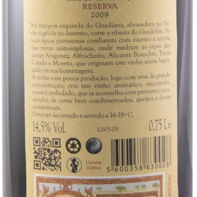 Etiqueta traseira vinho Guadelim Reserva 2009 com texto, códigos e selo Alentejo