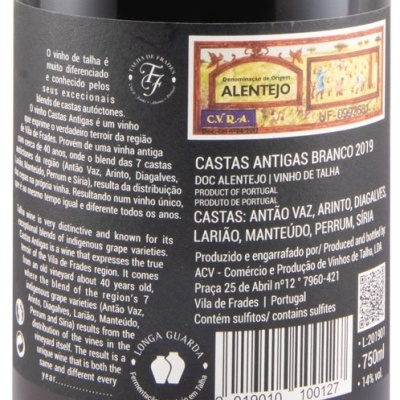 Etiqueta traseira de garrafa de vinho Castas Antigas Branco 2019 com texto e selo