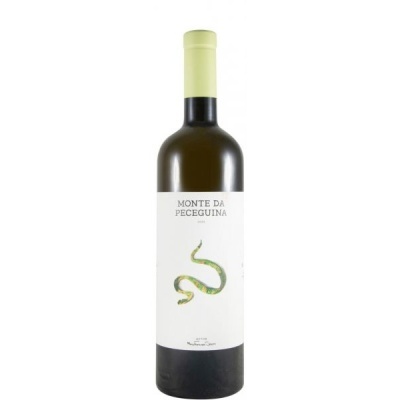 Garrafa de vinho Monte da Peceguina com rótulo branco e serpente verde