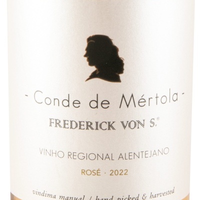 Rótulo de vinho rosé Conde de Mértola, regional Alentejano, com texto e silhueta preta