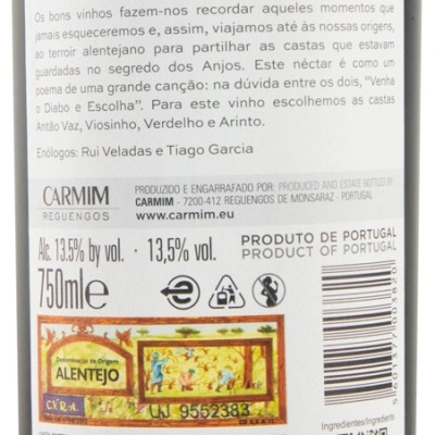 Etiqueta detalhada de vinho branco Anjos Reserva 2023 de Alentejo com texto, logótipos, código de barras e QR code
